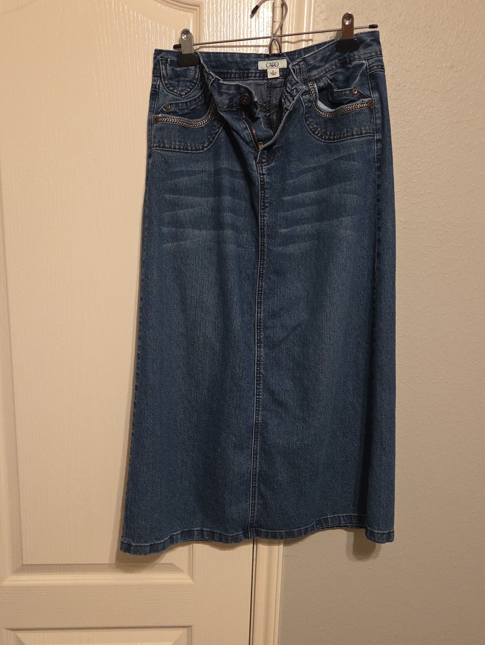 Cato Blue Denim Flare Maxi Skirt with Embellished Pockets